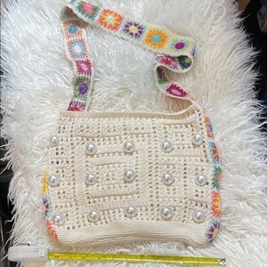 Colorful Crochet Shoulder Bag with Pearl Details
